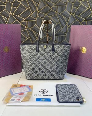 TORY BURCH SUPREME TOTE WITH OG BOX  ( GREY )