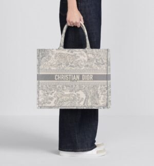 CHRISTIAN DIOR BOOK TOTE ECRU AND GRAY TOILE DE JOUY EMBROIDERY WITH OG BOX & DUST BAG & SCARF (GREY - M929 41CM)