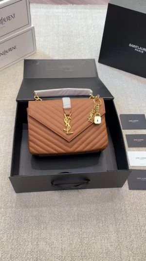 YSL SAINT LAURENT Grain De Poudre Matelasse Chevron Medium Monogram Satchel Black with box 6336