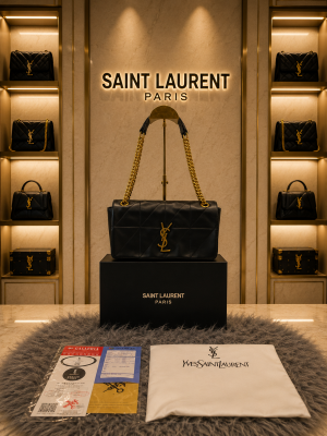 YSL SAINT LAURENT Grain De Poudre Matelasse Chevron Medium Monogram Satchel Black with box 6416