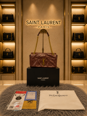 YSL SAINT LAURENT Grain De Poudre Matelasse Chevron Medium Monogram Satchel Black with box 6417