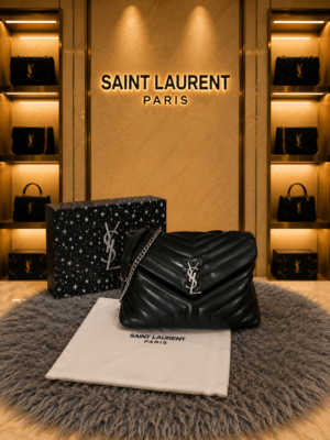 YSL SAINT LAURENT Grain De Poudre Matelasse Chevron Medium Monogram Satchel Black with box 6548
