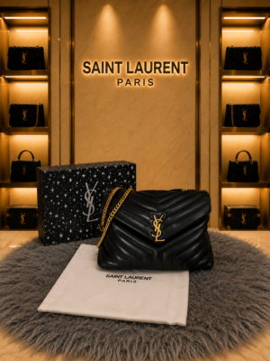 YSL SAINT LAURENT Grain De Poudre Matelasse Chevron Medium Monogram Satchel Black with box 6549